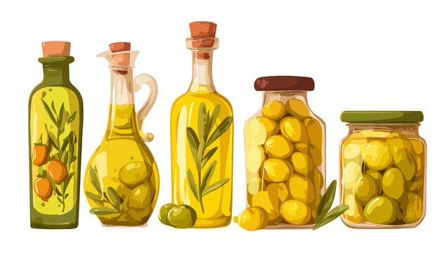 Illustrazione vettoriale di bottiglie e barattoli di olio e olive verdi su sfondo trasparente