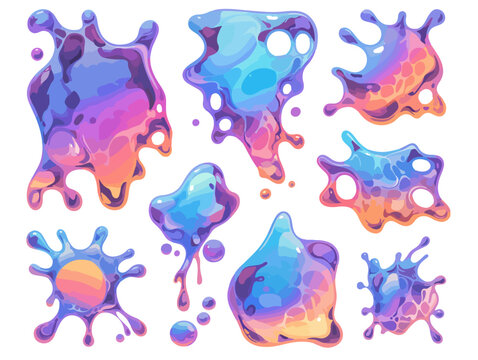 Colecci&oacute;n de manchas de slime viscoso brillante con degradado de colores ne&oacute;n y fondo transparente