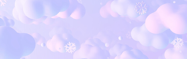 3D render pastel dreamy snowflakes and clouds sky.