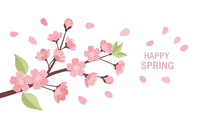 Cherry Blossom Branch with Falling Petals and "Happy Spring" Text