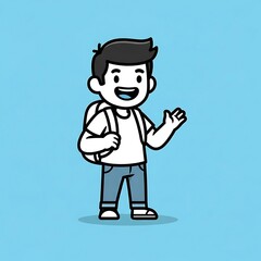 Fototapeta premium Cartoon Boy with Backpack Waving Hand.