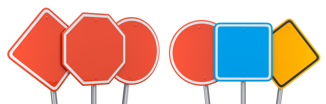 Blank traffic signs with different shapes and colors on metal poles on white background with clipping path, concept of road safety