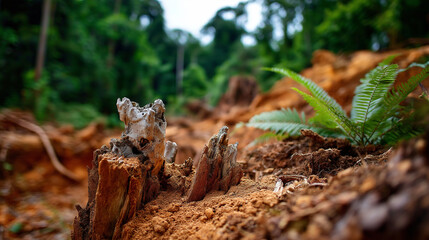 Obraz premium Environmental impact deforestation severe soil, erosion tree stumps, ecological destruction display, habitat loss moment, forest degradation visualization, defocused landscape, wit