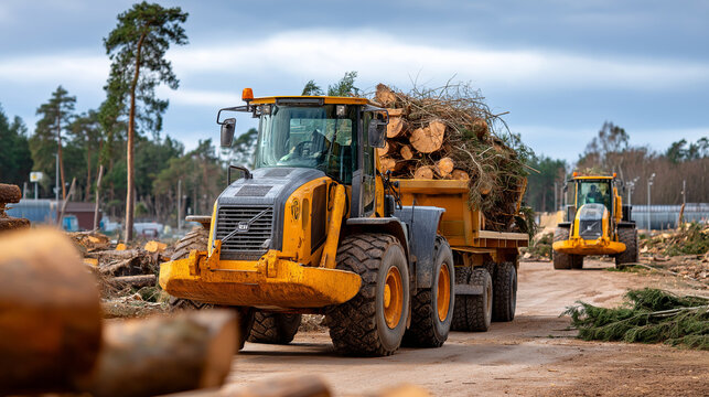 Heavy machinery transports wood debris, deforested area industrial, logging operations environmental, impact highlighting forest, clearing display habitat, destruction moment, with