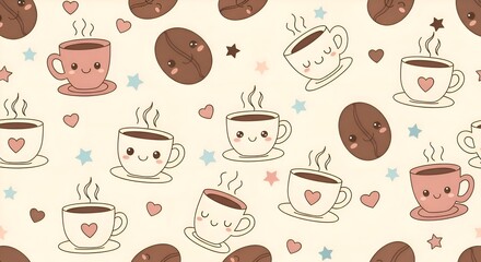 A cute, seamless pattern of coffee. It features smiling kawaii mugs, coffee beans, hearts, and stars in soft pastel pink, brown, and cream tones. Warm, cozy, and charmingly sweet.