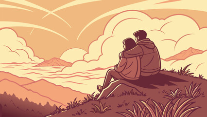 Naklejka premium Couple Watching Sunrise on Mountain Peak