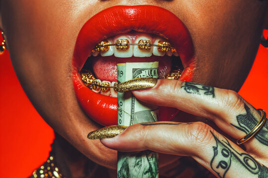 Woman With Gold Braces Holding a Dollar Bill. Generative AI.