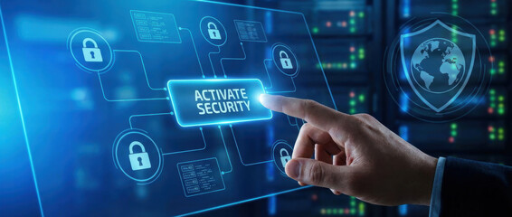 Cyber security networking securityconceptcyber datatechnologyprotectioninternetnetworkdigital futuristic interface hand press activate protection Data protection and digital security concept