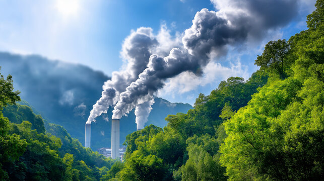 Smokestacks belch black smoke vibrant, sun-drenched forest contrast, industrialization environmental pollution, display nature versus, industry moment ecological, conflict visualiz