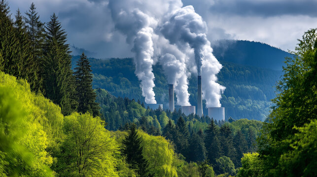 Smokestacks belch black smoke vibrant, sun-drenched forest contrast, industrialization environmental pollution, display nature versus, industry moment ecological, conflict visualiz