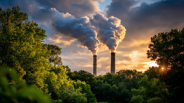 Smokestacks belch black smoke vibrant, sun-drenched forest contrast, industrialization environmental pollution, display nature versus, industry moment ecological, conflict visualiz