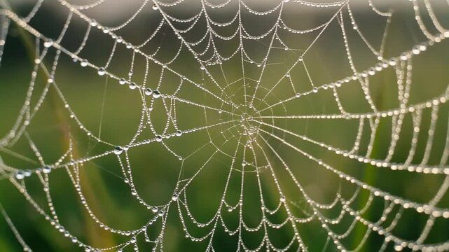 Close-up spiderweb glistens with dew drops in the morning sun, spider web beauty
