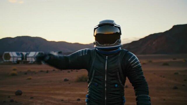 Solitary astronaut in obsidian-black suit with reflective visor points skyward on vast reddish Martian desert at twilight with crimson mountains, cinematic push-in. Future space exploration