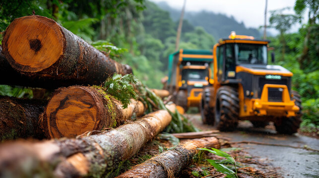Logging machinery cutting trees tropical, forest industrial operations, display deforestation activity, moment rainforest destruction, equipment defocused background, with copy spa