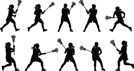 Black vector silhouette set of ten female lacrosse players running passing and shooting with sticks for sports team competition athletic training and hobby design © Azufa