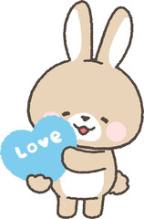 「love」と書かれたハートを持つ茶色のうさぎ