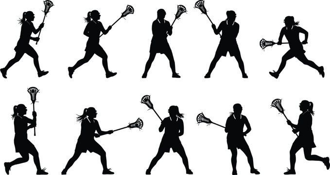 Black vector silhouette set of ten female lacrosse players running passing and shooting with sticks for sports team competition athletic training and hobby design