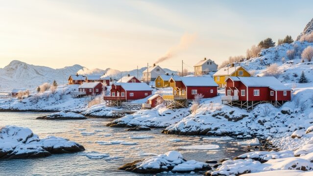 Arctic Coastal Community: A picturesque village of charming, colorful houses nestled along a snowy coastline, where the serene beauty of winter meets the rugged charm of a close-knit community. 