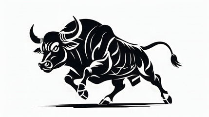 Obraz premium Powerful Charging Bull Black Vector Silhouette on White Background