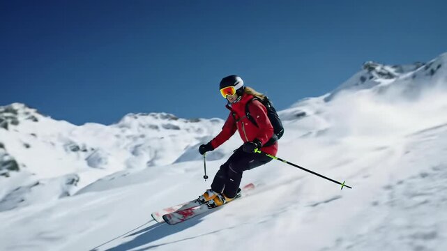 A lone professional freeride skier in red jacket carves powerful turns down a pristine, steep, powder-covered mountain, snow exploding high into blue sky. Dynamic action sports video