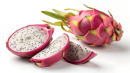 Fresh ripe pitaya and organic pink dragon fruit isolated on a white background, featuring a delicious tropical cactus fruit cut to show healthy raw nutrition for a sweet exotic diet