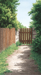 Fototapeta premium Explore a Serene Pathway Through Lush Greenery with a Charming Wooden Gate in This Beautiful Landscape Artwork, Perfect for Nature Lovers Seeking Tranquility and Adventure