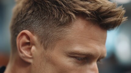 Fototapeta premium Close-Up of a Male Model with Textured Short Hair and Thoughtful Expression in Natural Lighting at a Modern Indoor Setting