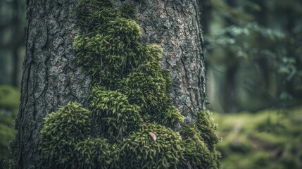 Obraz premium Moss on tree trunk rain forest plentifully lush ecosystem.