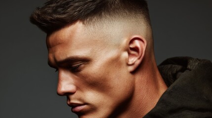 Fototapeta premium Close-Up Portrait of a Young Man with Stylish Haircut and Defined Facial Features Against a Dark Background, Capturing Modern Masculine Aesthetics