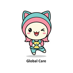 Fototapeta premium Cute cartoon character holding a golden heart for global care