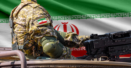 Naklejka premium Iran flag with soldier at machine gun turret in front of it. Closeup side view.