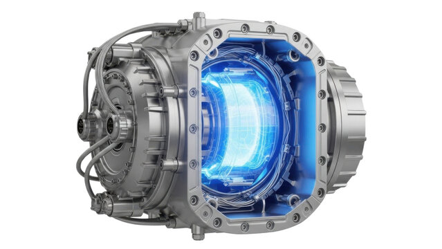 Aircraft jet engine turbine cross section with glowing blue core, industrial cutaway concept, isolated on white background