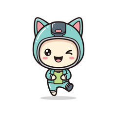 Cute cartoon cat character in space suit running