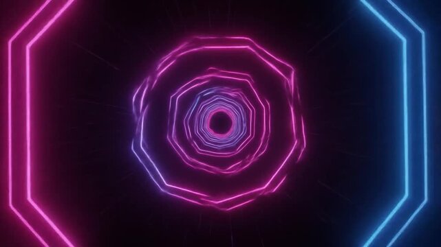 Neon pink and blue geometric shapes forming a spiral pattern on a black background. Perfect for presentations, graphic resources, and digital designs.