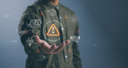 AI risk warning concept ,Man presenting alert symbol with artificial intelligence icons,...