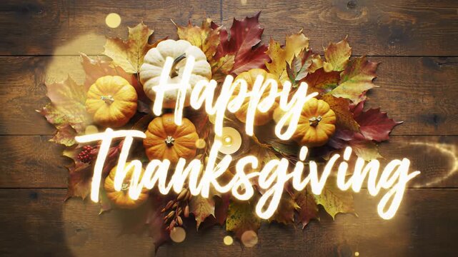 Crane video pulls back from festive autumnal centerpiece: pumpkins, fall leaves, flickering candle on rustic wood. Golden light trails form 'Happy Thanksgiving', cozy autumn greeting