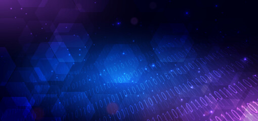 Abstract digital data binary code diagonal on blue background with square pattern light effect. © chaninan