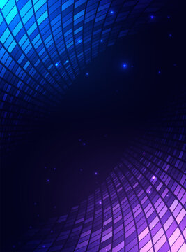 Futuristic square pattern curve with lighting effect on blue and pink background.