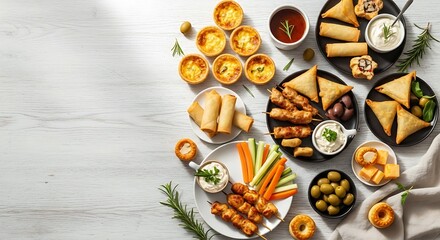 assorted finger foods on white wooden table