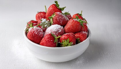White Bowl Filled With Ripe Red Strawberries Sprinkled With Sugar Against A Textured White Background