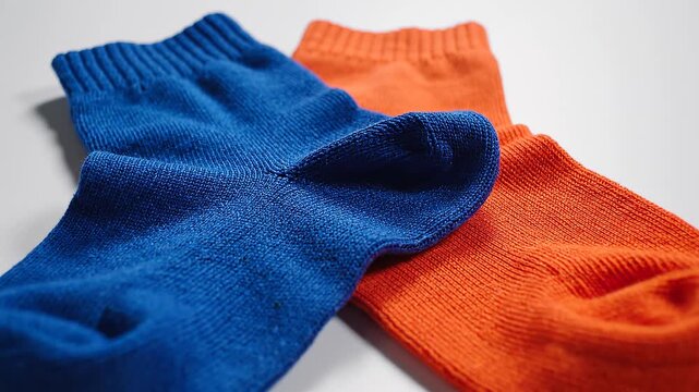 High-Quality Stock Video of Stylish Socks: Blue and Orange Socks Isolated on White