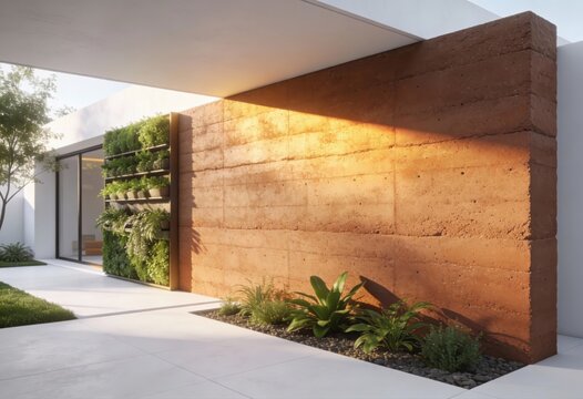 Serene outdoor oasis with innovative vertical garden design showcasing sustainable architecture principles and natural harmonization captured in soft sunlight enveloping earthy textures