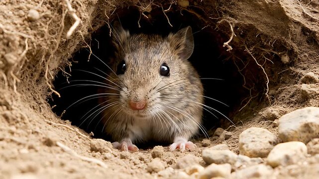 Adorable small brown rodent with large eyes and prominent whiskers peering cautiously out from its dark, freshly dug earthen burrow entrance in bright daylight.