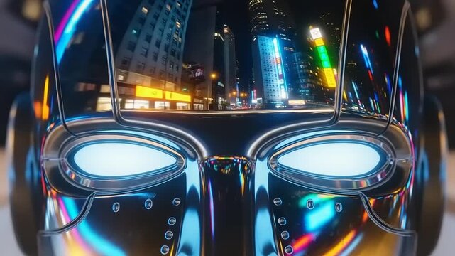 Close up of a futuristic robot head with glowing blue eyes and colorful reflections.