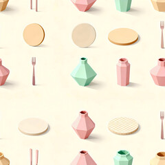 Pastel toned isometric low poly vases and cutlery