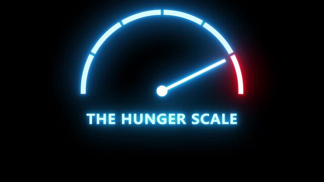 Hunger scale with arrow, measurement value. Chart indicating eat stages to evaluate level of appetite control. Mindful eating. Infographic gauge