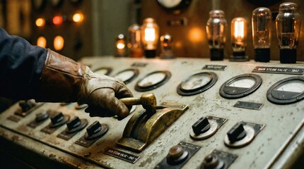 Hand adjusting lever on vintage industrial control panel. Close-up of human interaction with old machinery switchboard