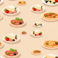 Pizza and cheese platters on a cream background