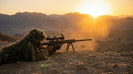 Obraz premium Military sniper aiming during golden hour with strong sun flare