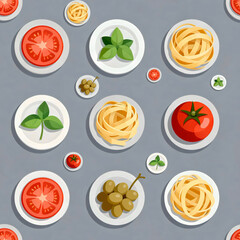 Plates of tomato basil and pasta on a gray background